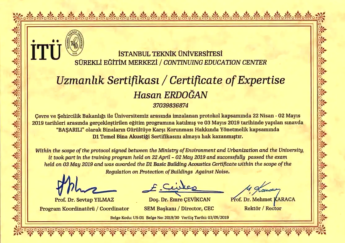 Akustik Yetki Sertifikamız
